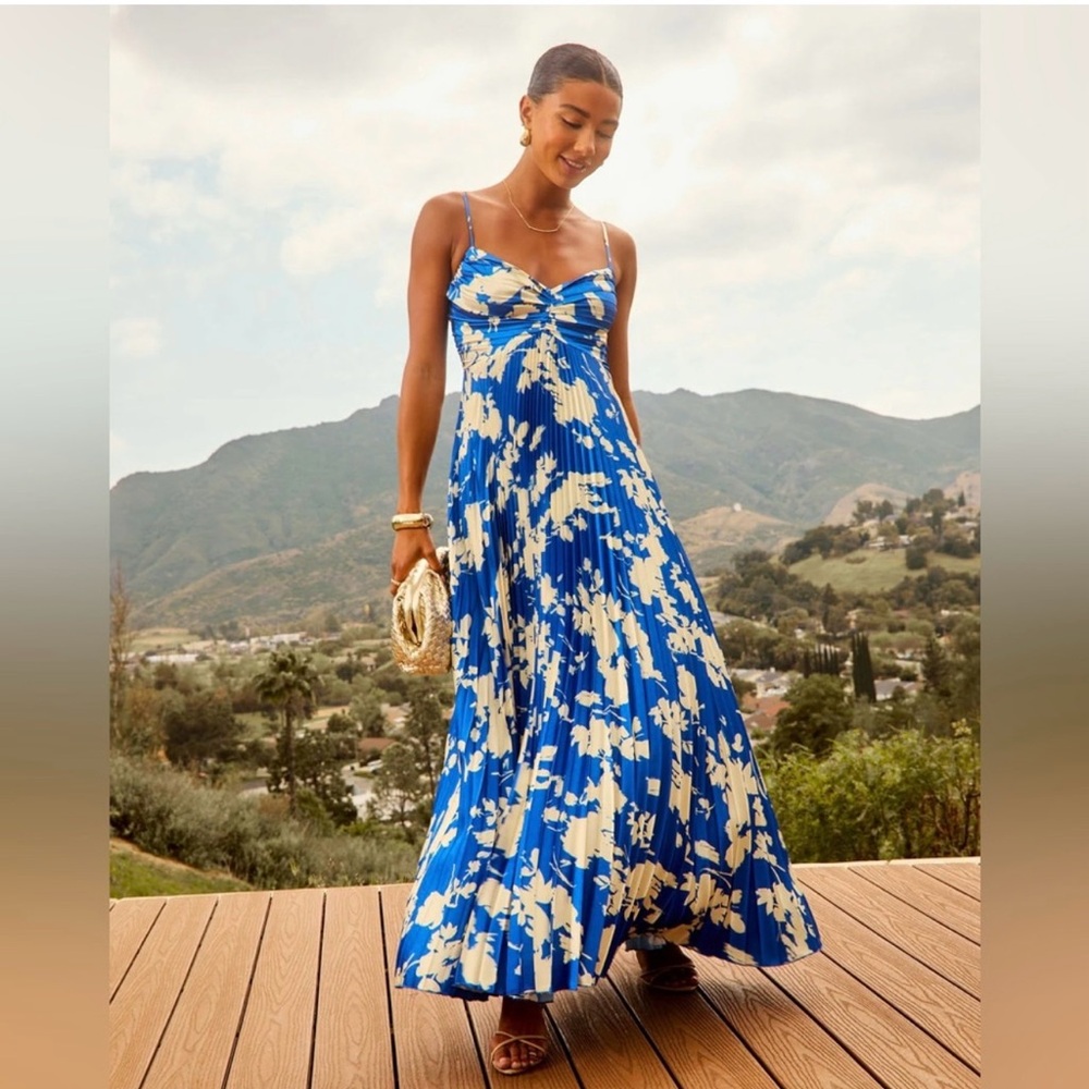 Vici Soraya Printed and Pleated Blue and Cream Floral Maxi Dress